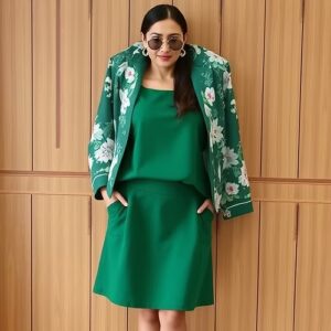 Green Floral Blazer and Dress Set Stylish and Elegant Two-Piece Set