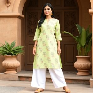 Elegant Green Kurta with White Palazzos Traditional Floral Kurta Set